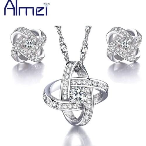 Almei 5% off 2017 Bridal Costume Jewelry Sets Silver Color Necklace White Stone Wedding Accessories Women Earrings Indian WHT43