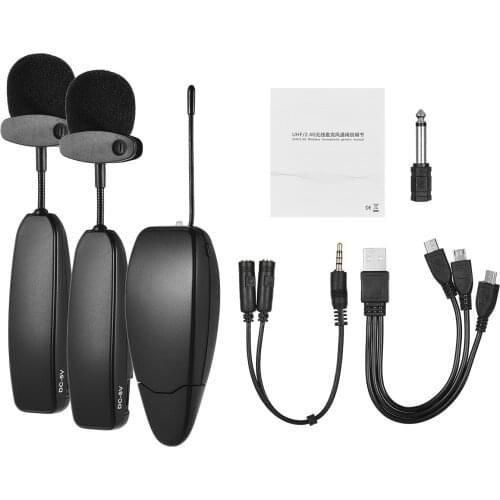 Wireless UHF Microphone System 1 Transmitter and 1 Receiver Musical Instrument Lavalier Lapel Mics for Smartphone Computer