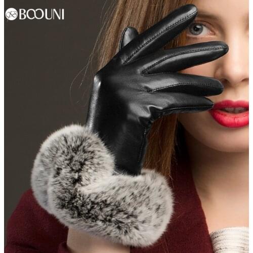 BOOUNI Genuine Leather Gloves Fashion Black Women Sheepskin Glove Wrist Rabbit Hair Thermal Winter Driving Gloves NW769