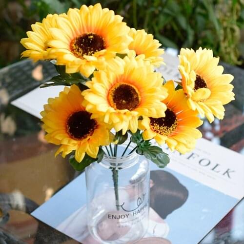1 Bunch 7 Heads Artificial Sunflower Bouquet Large Silk Flower Heads For Home Wedding Party Table Window Decor DIY