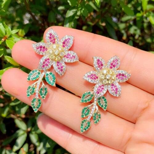 CWWZircons Elegant Design Flower Red Green Cubic Zirconia Leaf Drop Dangle Earrings Fashion Ladies Jewelry Accessories CZ908