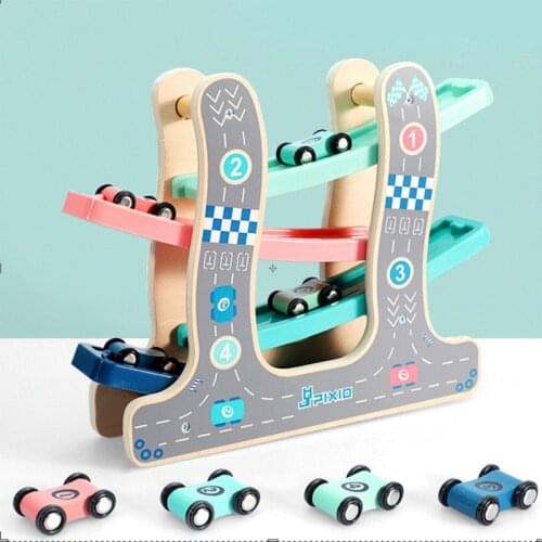 Wooden Track Car Toys Gliding Cars Race 4 layers Slider Ladder Slot Track Play set for Kids Turn back Ramp Car Racing Games Gif
