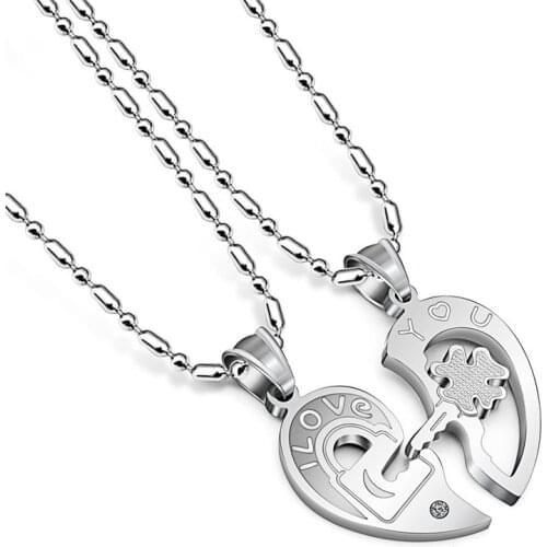 Two Colors Stainless Steel Mens Womens Couple Necklace Pendant Love Heart CZ Puzzle Matching Chain Lovers Jewelry Valentine Gift