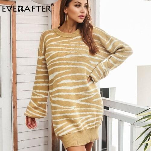 EVERAFTER Knitted Stripe Sweater Dress Jumper Loose Long Sleeve Women Winter Warm Sweater Elegant Patchwork O-neck Lady Jumper