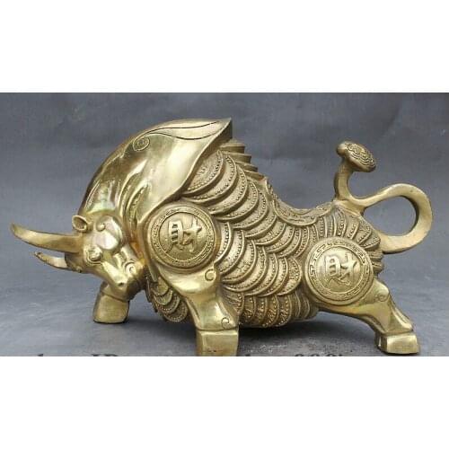 Folk Chinese FengShui Brass Coin RuYi Bull Oxen Auspicious Decorate Statue