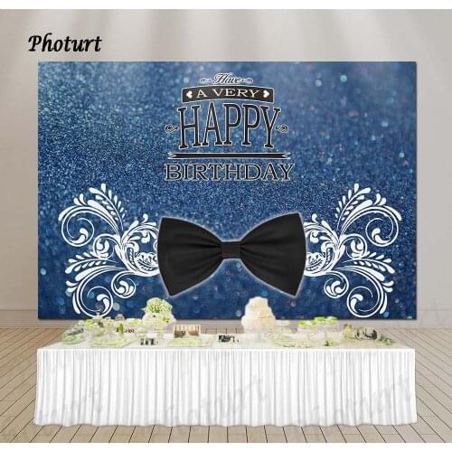 PHOTURT Happy Birthday Background Girl Party Backdrop Blue Glitter Bow Pattern Polyester Vinyl Banner Photography Studios Props