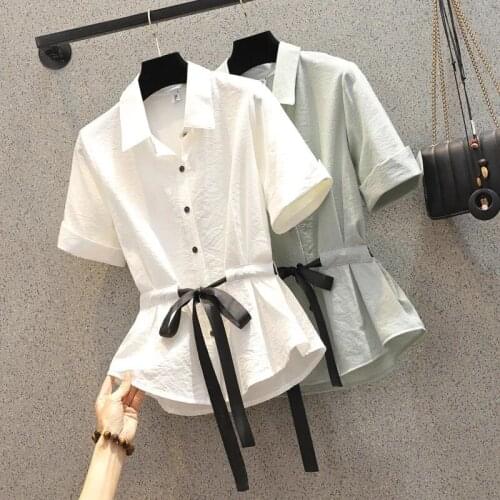 Large size cotton shirt female drawstring strap summer new style Korean style simple fashion design short-sleeved casual top