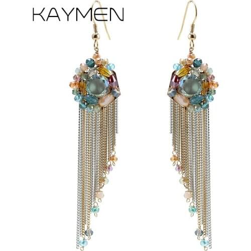 Kaymen Beautiful Crystal Fashion Dangle Drop Earrings for Girls Colourful Tassels Statement Hook Earrings Party Bijoux 3314