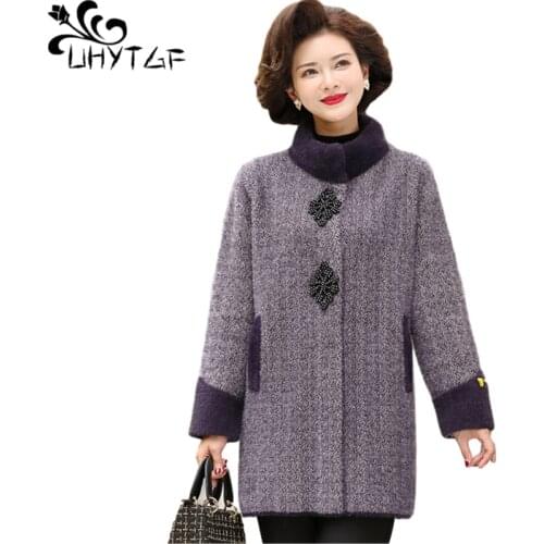 UHYTGF New 6XL Plus Size Coat Women Quality Mink Fleece Autumn Winter Woolen Jacket Mid-Length Thick Casual Warm Outerwear 1343