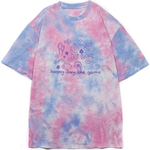 Summer retro Harajuku style tie-dye astronaut graffiti short-sleeved T-shirt