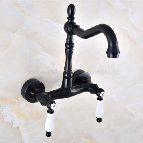 Oil Rubbed Bronze Dual Handles Bathroom Kitchen Sink Faucets Wall Mounted Swivel Spout Two Holes Kitchen Mixer Taps znf825