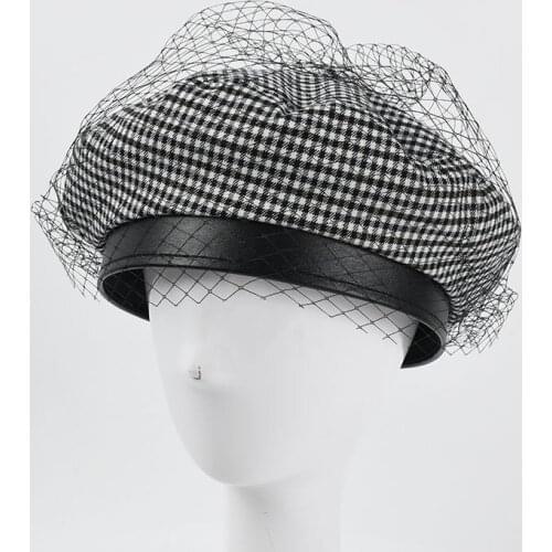 Fashion Net Yarn PU Model Design Check Stripe Beret Cap Women Casual Painter Hat Octagonal Hat Boinas Para Mujer Peaky Blinder