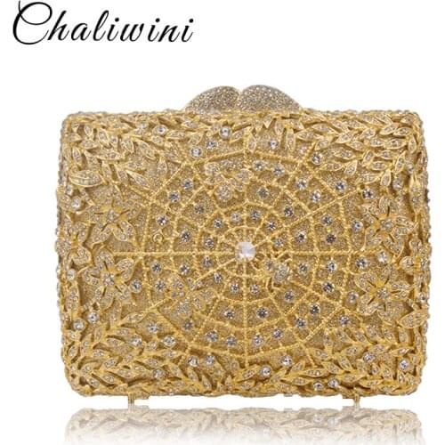 Dazzling Hollow Out Women Gold Metal Clutches Minaudiere Handbags Purses Diamond Evening Wedding Cocktail Clutch Bag