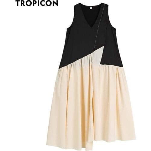 TROPICON Summer Patchwork Satin Dress For Women 2021 V Neck Long Midi Tank Dress Sleeveless Ladies High Fashion Designer Clothes