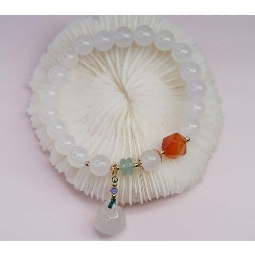 Removable Vintage Lotus Shape Natural Chalcedony White Agate Beaded Strand Bracelets for Women Female Fine Jewelry Gifts YBR504