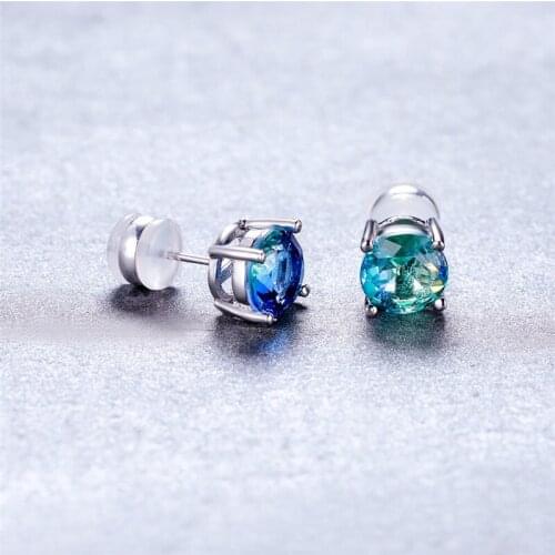 Antique Silver Color Earrings 8MM Round Stone White Zircon Earrings Blue Green Crystal Stud Earrings For Women Wedding Jewelry