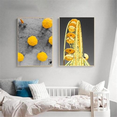 Nordic City Street Landscape Poster Yellow Ferris Wheel Umbrella And Gray Street Contrast Canvas Print Art Paintings Home Decor