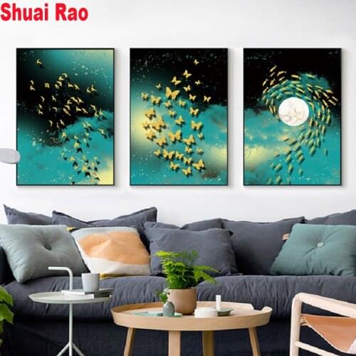 Green Abstract Gold Fish Birds Diamond Painting Modern Home Decor Abstract Wall Art Painting Nordic diamond embroidery 3 Panel