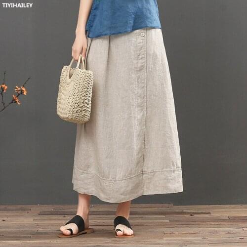 TIYIHAILEY Free Shipping 2021 New Long Maxi Elastic High Waist Women Linen Skirts Spring Summer Autumn Blue Brown A-line