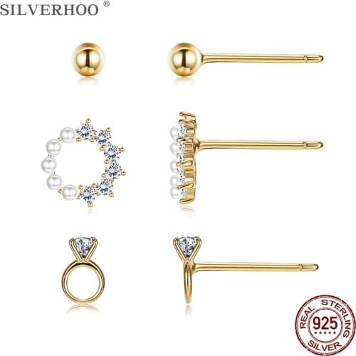 SILVERHOO 925 Sterling Silver Earrings For Women 5A Cubic Zirconia And Pearl Stud Earrings Korean Exquisite Small Earring Set