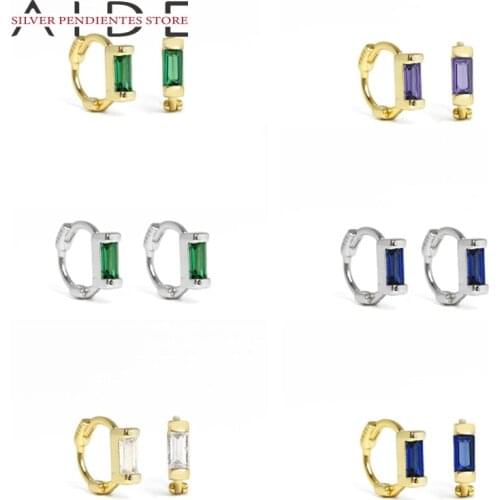 AIDE 6mm 925 Sterling Silver Mini Square Zircon Earrings For Women Green Purple Hoop Earrings Fashion Jewelry Pendientes
