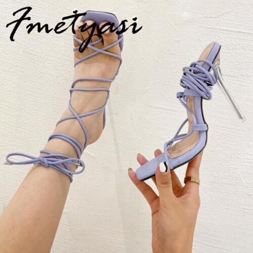 Gladiator Heels Sexy Clear Crytal Perspex Heels Women Pumps Fashion Ankle Cross Strap Transparent Heel Woman Stiletto Sandals