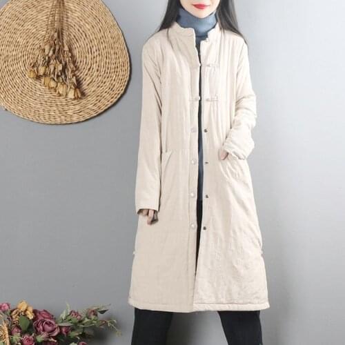 2020 Chinese Style Trench Coats Winter Windbreakers Long Jackets For Women Cotton Robe Vintage Femme Han Chinese Clothing 11691