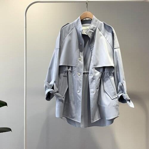 Womens Short Khaki Stand-up Collar Drawstring Waist Trench Coat Spring Autumn 2021 High Quality Korean Loose Casual Windbreaker