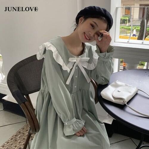 Sweet Students Long Sleeve Botton Dress Women Patchwork Peter Pan Collar Ulzzang Bow A-line Loose Korean Elegant Solid Vestidos