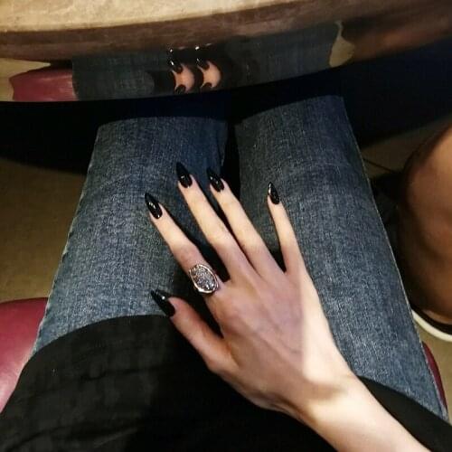 24pcs Fake Nails With Glue Pure Black Wear Long Paragraph Fashion Manicure Patch False Nails Press On For Girls Wearable Nail TO