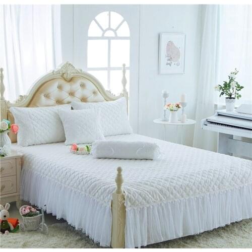 3Pcs thick Cotton Lace King/Queen/Full size Bed skirt Luxury Pink/Red Princess Bedspread Bedsheet Pillowcase Home Decorative