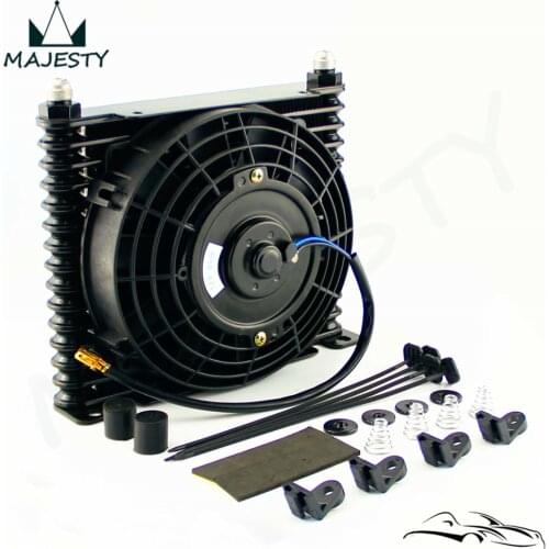 AN10 32mm Aluminum 15 Row Engine/Transmission Racing Oil Cooler +7" Electric Fan Kit Black