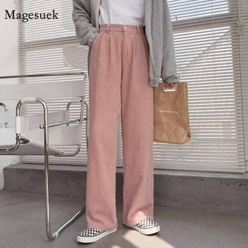 Corduroy Casual High-waist Pants Womens New Fashion Loose Pink Straight-leg Pants Autumn Pocket Trousers Pantalon Femme 12221