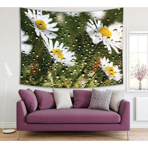 Tapestry Daisy Flowers through Window Glass Covered by Raindrops Rainy Summer Day View Green White Yellow