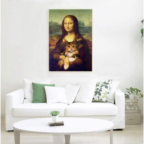 Mona Lisa And Cat Art Canvas Painting Poster And Print Wall Pictures For Bedroom Living Room Decorative Picture Home Wall Decor