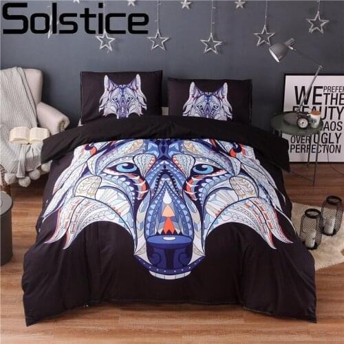 Solstice Black Wolf Head Lion Head Bohemian Style Bedding Sets 3pcs Bed Linings Duvet Cover Pillowcases Double Queen King Size