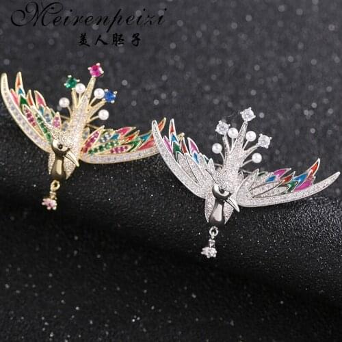 Meirenpeizi New Styles Cute Colorful Bird Womens Brooch Pins Bright Crystals Big Rhinestone Trendy Jewelry For Girl