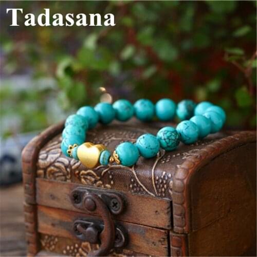 Fashion Design 10mm Blue Beads Natural Stone Women Bracelet Bangles Gold Bracelet Heart Shape Love Gifts for Girls