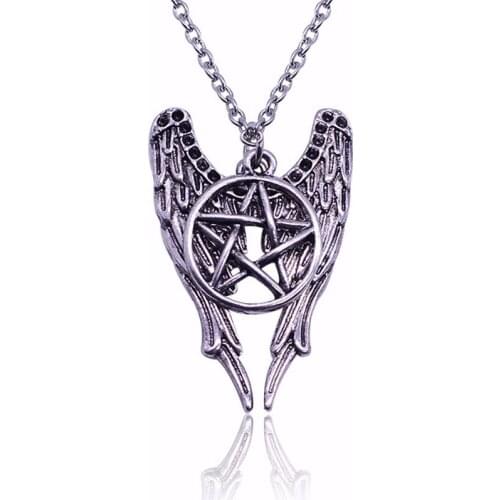 Supernature star pendant Necklace Fashion Angel Wings for Men Pentagram Pentacle Castiel Vintage retro Punk Neck Chain Jewelry