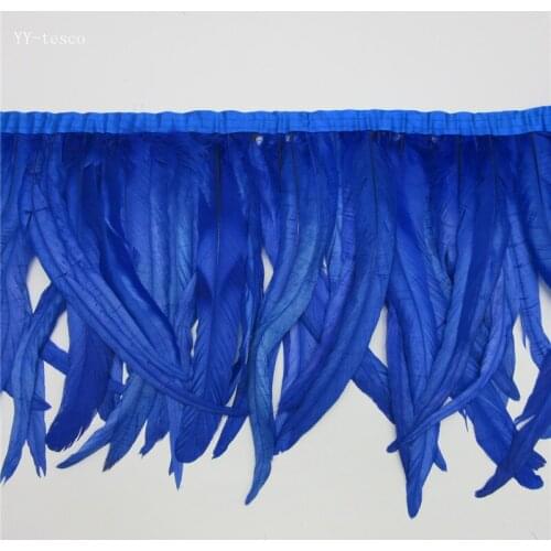 Wholesale 10yards long Royal blue high quality natural rooster feather trims trimming with Satin Ribbon 30-35cm for women skirt