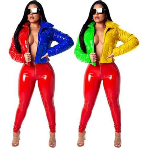 Puffer Coat Women Parkas Fashion Long Sleeve Glossy Leather Bread Down Jacket Zipper Pockets Coat Winter Jacket Plus Size S-3XL