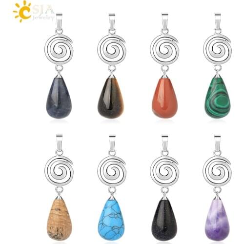 CSJA Natural Crystal Gem Stone Pendant Silver Color Spiral Hexagonal Water Drop Fluorite Green Aventurine Quartz Jewelry G710