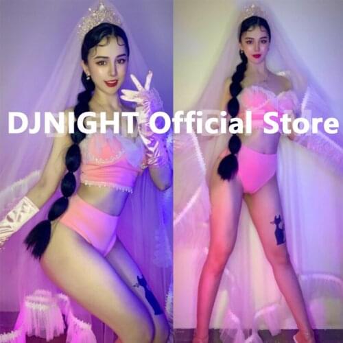 Valentines Day Bride Pink Wedding Party Dj Nightclub Ds Lead Dance Team GoGo Bar Fairy Veil Costume Wpmen Rave Outfit XS2064