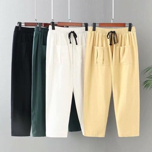 Plus Size Women Pants Spring And Autumn Wear Elastic Waist Quality Cotton Fabric Large Size Trousers Have Pockets For FatWomens