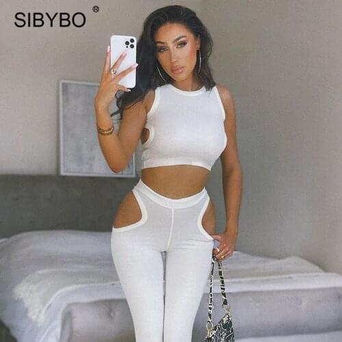 Sibybo Two Piece Set Women Summer Outfits Sexy Hollow Out Crop Tops And Leggings Pants Femme Streetwear Casual Tracksuit 2021