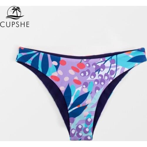CUPSHE Reversible Bottom Purple Leafy Low Waist Bikini Bottom Swimsuit For Women Sexy Mid Cut Panties 2021 Separate Bikini Brief
