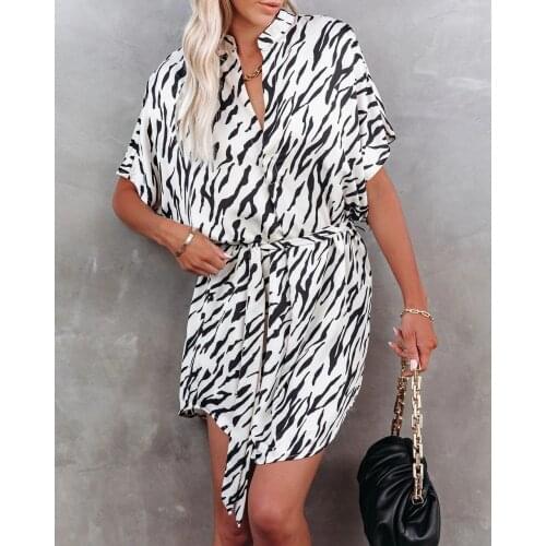 Women Irregular Casual Loose Fashion Zebra Print White Dress Short Sleeve Mini Club Party Dress Sundress Vestidos Summer