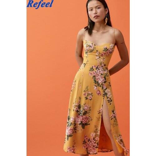 2021 Vintage France Floral Print Lacing up Adjust Spaghetti Strap Midi Dress Sexy Women Elastic Back Side Split Sling Robe