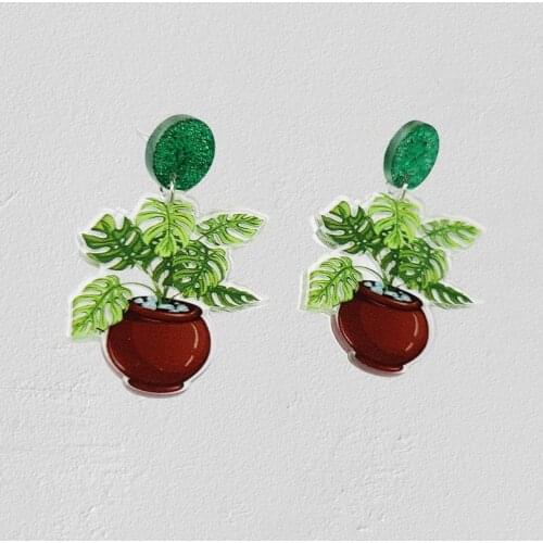 Acrylic Printed Garden Plant Leaf Green Potted Hanging Basket Earrings