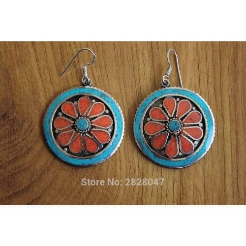ER135 Tibetan Bohemia Flower Earrings 39mm Big Round Copper Inlaid Stone Dangle Earring For Women Fashion Jewelry